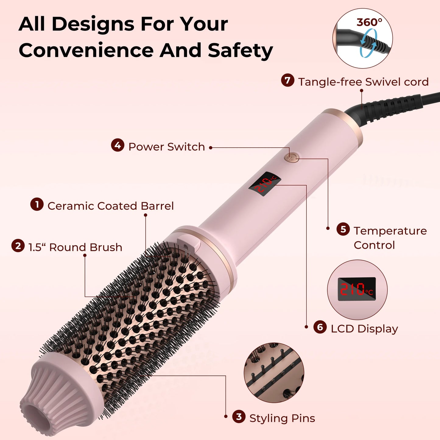 1.5 Inch Heated Curling Brush Ceramic Curling Iron Volumizing Hot Brush Create Root Volume & Loose Curls, Electric Round Brush